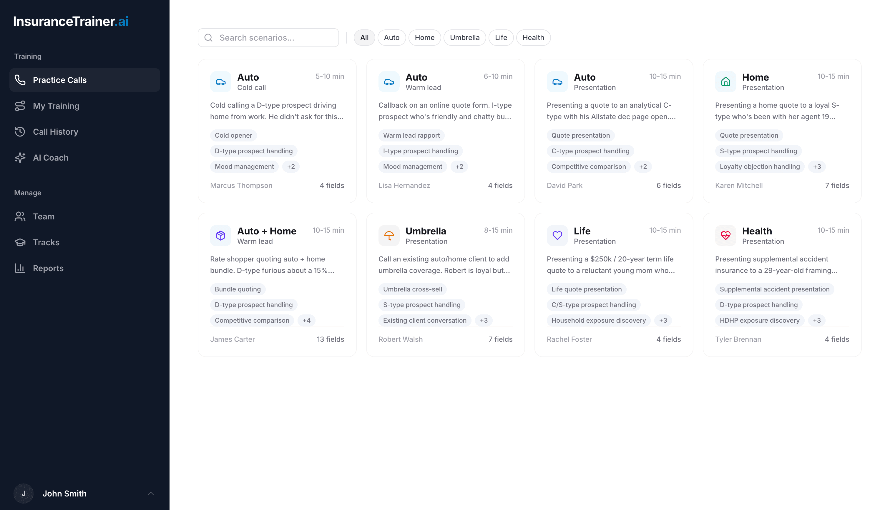 InsuranceTrainer.ai practice call screen
